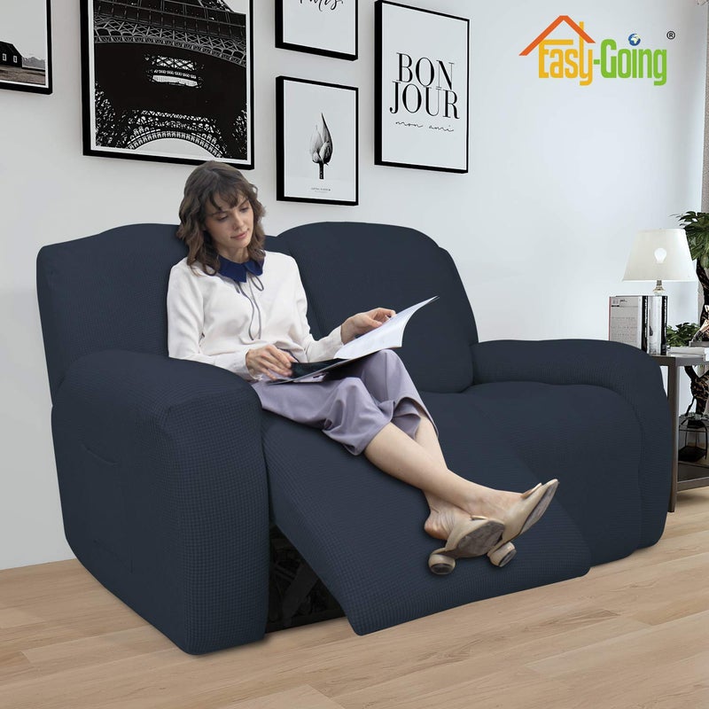 Easy-Going 6 Pieces Recliner Loveseat Stretch Sofa Slipcover Sofa Cover Furniture Protector Couch Soft with Elastic Bottom Kids, Spandex Jacquard Fabric Small Checks Dark Blue - Image 2